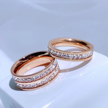 Модни двухрядные кристални пръстени от неръждаема стомана за жени, вечерни сватбени прости пръстени, бижута, подаръци