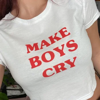 I Love to Make Boys Cry Естетичен Съкратен Топ с графичен Слоган Y2K, Детска Тениска на 90-те години, Градинска Дрехи с Къс Ръкав, Женски Топ Mujer