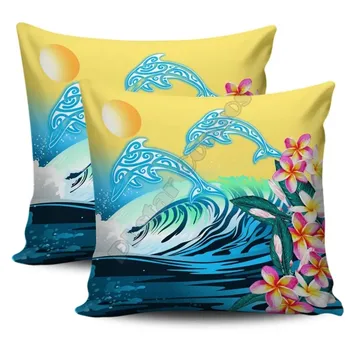 Хавайски делфин Плюмерия, сърф, полинезийски калъфка за възглавница, възглавница, калъфка, декорация за дома с двустранен печат