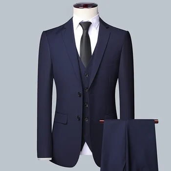 2023 Висококачествен монофонични (костюм + жилетка + панталон Мъжки бизнес бизнес костюм 3/2, бизнес костюм на младоженеца и кума