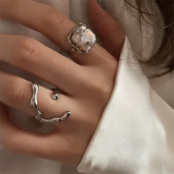 Квадратни Откриване на пръстена от Лунен камък с геометричен модел на Русалка за жени, Винтажное готик, пънк-барочное Необичайно пръстен Egirl Y2K, Модни Бижута