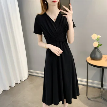 2023 Лятото ново ежедневното обличам женско френско Рокля с къс ръкав-секси черна рокля трапецовидна форма с V-образно деколте