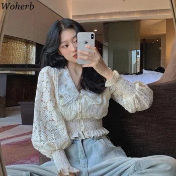 Дамски укороченная блуза с бродерия Woherb, сексуална укороченная риза с дълъг ръкав-фенерче, Дамски шик корейски блузи, Елегантни дамски блузи