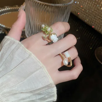 KAITIN Перла Кристал Цвете Лале Отворен пръстен за жени, Модерно лесно Луксозно Дамско пръстен, бижу за ръка, наградата на бижута