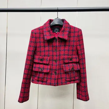 2022, есен-зима, Маркова новост, женски висококачествени дизайнерски вълнени якета от твида в клетка с джобове, късо палто C166