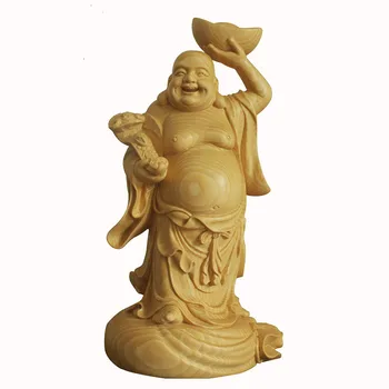 Блок за резба по твердому дърво-Статуя на Буда Майтрейя, Традиционна ръчна дърворезба, Щастливо и декорация за хол от дърво 23 см