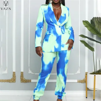 VAZN/новост 2022, модерен женски костюм в уличном разговорния стил с дълъг ръкав, копчета палто с ревери, еластични, дълги панталони, комплект от две части с принтом
