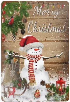 Ретро Лидице знак весела Коледа, снежен човек, реколта метална табела за стена плакат, ретро декор на стените, украса на стаята, фермерска къща декор