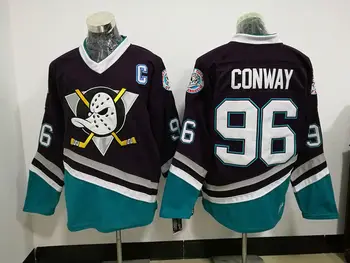 Лилави мъжки хокейни тениски the Mighty Ducks # 96 Чарли Конуей, напълно зашити