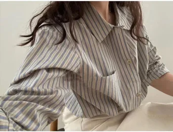 Дамски висококачествена Блуза от 100% памук в контрастни райета с дълъг ръкав и ревери, най-риза