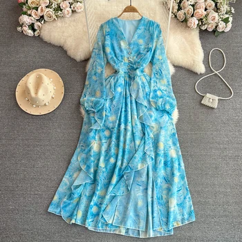 Дамско пролетно-есенни винтажное рокля с V-образно деколте и принтом с дълъг ръкав, женски красива вечерна плажна рокля трапецовидна форма TB373