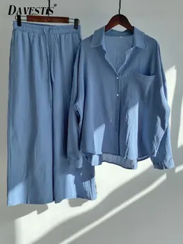 Панталони-риза в стил ретро, комплект от две части за жените 2023, пролетно-летния моден костюм от памук и лен с дълъг ръкав, женски всекидневен костюм