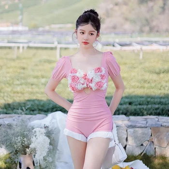 2023 Женски Цял Бански, Корейски Бански костюми, Летни Розови Бикини За Момичета, Монокини, Бански с Цветен Модел, Плажни Дрехи, Боди 2XL