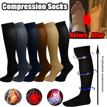 Компресия чорапи за разширени вени, подходящ за голф, ръгби, разходки, спорт срещу умора, шофиране, пътуване, полет, черни женски мъжки чорапи